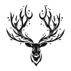 Poster with black deer, moose with horns, antlers isolated on white. Plant elements, twigs, leaves. Vector illustration for typography. Print to sticker, banner, tattoo design, flyer, web, advertising