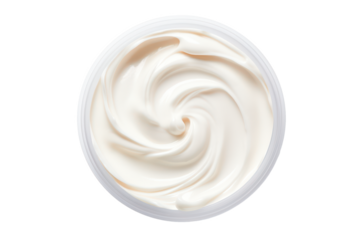 Jar with white body cream on transparent background, top view, png file