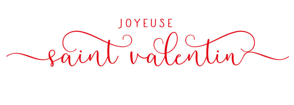 Joyeuse Saint Valentin elegant brush calligraphy. French lettering - Happy Valentines Day. Valentine holiday card with red handwritten, romantiс design. Vector illustration