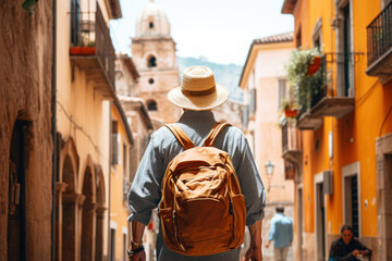 Elderly man with backpack travels and discovers new places and cultures. Happy retirement, travel, vacation, trip, healthy active lifestyle - obrazy, fototapety, plakaty