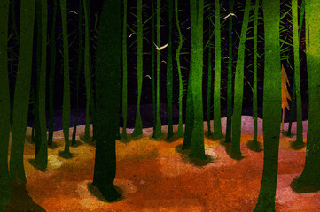 Ilustracja grafika drzewa las ptaki las nocą. - 692709903