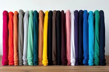 Plexiglas foto achterwand background white shirts colored various Pile isolated colors rainbow colorful tshirts cotton fabric new fresh many row panorama wide shirt t-shirt colourful fashion casual attire laundry clothes © akkash jpg