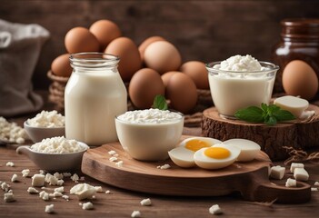 Fresh dairy products milk cottage cheese eggs yogurt sour cream and butter on wooden table