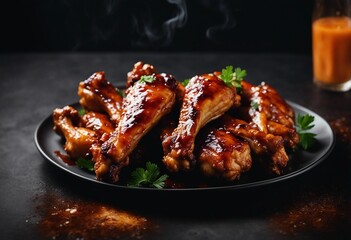 Grilled sticky chicken wings on plate over dark background Buffalo chicken wings with sauce Close up