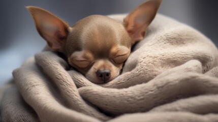 Cute chihuahua puppy sleeping on a soft blanket. Generative AI