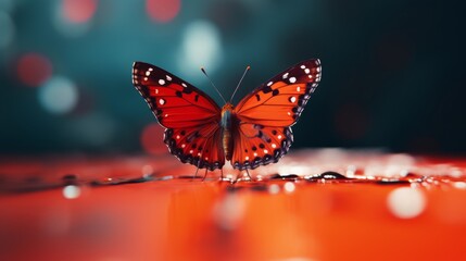 Beautiful butterfly on a red background with drops of dew. Generative AI