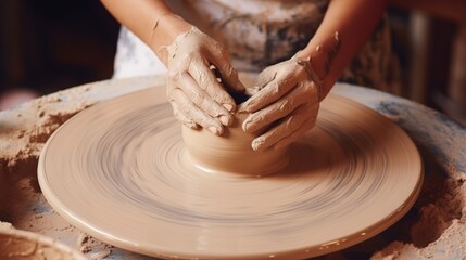 hands of a potter, creating an earthen jar on the circle Generative AI