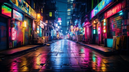 Neon signs creating a kaleidoscope of colors in a bustling urban alley