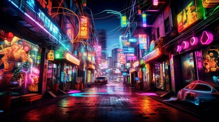 Gordijnen Neon signs creating a kaleidoscope of colors in a bustling urban alley © Image Studio