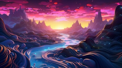 Neon waves converging and diverging, casting a vibrant glow in a surreal and futuristic dreamscape.