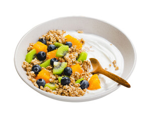 Yogurt with Granola, Kiwi, Blueberries, and Orange in a Bowl, Healthy Snack or Breakfast, White Background