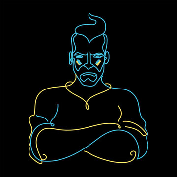 Ukrainian Cossack is drawn by hand in line art style with arms crossed on chest. smears of flag colored paint on cheeks. Black background lines of yellow blue colors. Stylized image of character