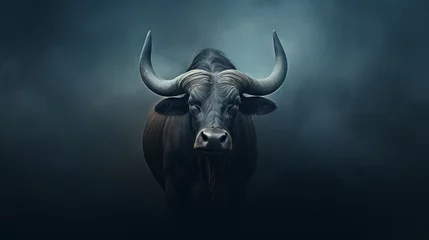 Fototapete Büffel Black buffalo with horns on a dark background. 3d rendering. Generative AI