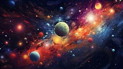 Playful and animated planets and stars forming a vibrant cosmic illustration - obrazy, fototapety, plakaty