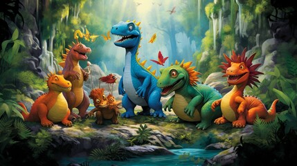 Playful cartoon dinosaurs exploring a lively and vibrant prehistoric world