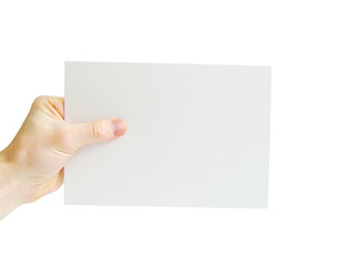 Man hands holding blank sheet of paper isolated on white