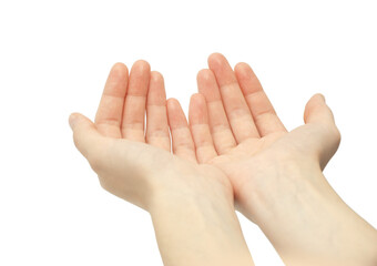 Close up of beautiful woman's hands, palms up. Isolated on white background