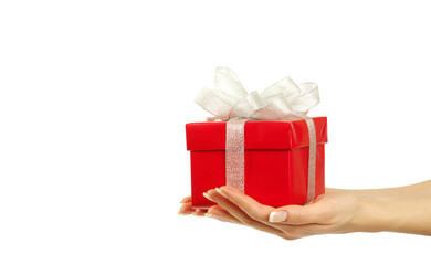 hand and gift over white background