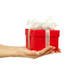hand and gift over white background