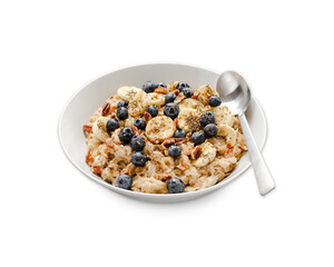 Oatmeal Bowl, Oat Porridge with Blueberry, Banana and Pecans in a Bowl on White Background, Healthy Snack or Breakfast