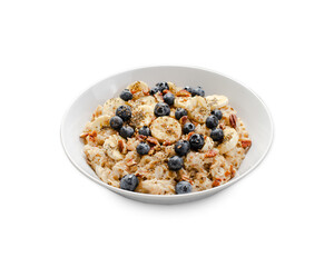 Oatmeal Bowl, Oat Porridge with Blueberry, Banana and Pecans in a Bowl on White Background, Healthy Snack or Breakfast