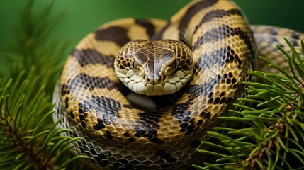 Fototapeta premium Close-up portrait of a yellow striped snake on the green background Generative AI