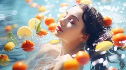 Obraz na płótnie Canvas Fashion portrait of beautiful young woman in swimming pool with fruits. Generative AI