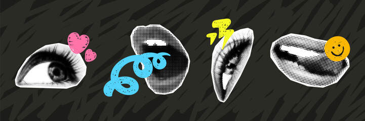 Female eyes and lips halftone collage elements for mixed media design. Cutout magazine shapes with doodle heart, smile, swirl and lightning, modern retro grunge stickers set. Vector illustration - obrazy, fototapety, plakaty