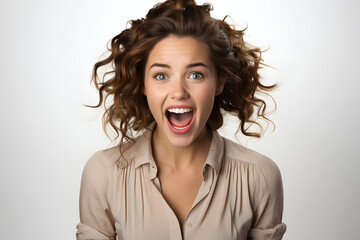 Excited woman with wavy hair and wide open eyes