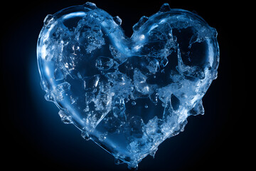 A clear heart-shaped ice with blue tint and icicles on a black background represents being cold-hearted, heartbroken, unloved, and closed off emotionally, - obrazy, fototapety, plakaty