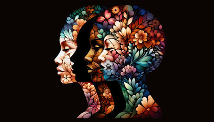 Human silhouettes filled with floral patterns, overlaying each other, symbolizing unity in diversity. Black History Month