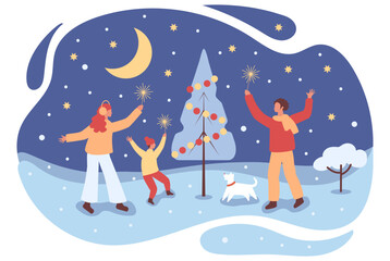 Family celebrates Christmas near the Christmas tree