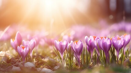 Crocus spring flower Growth In The summer with beautiful sunlight. Beautiful Floral wide panorama. Purple Crocus Iridaceae, spring background with bokeh wide angle - obrazy, fototapety, plakaty
