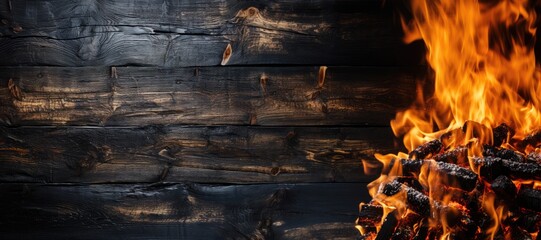 Panoramic BBQ background. Smoking wood plank background. Burned wooden grunge texture and flame. Copy space - obrazy, fototapety, plakaty