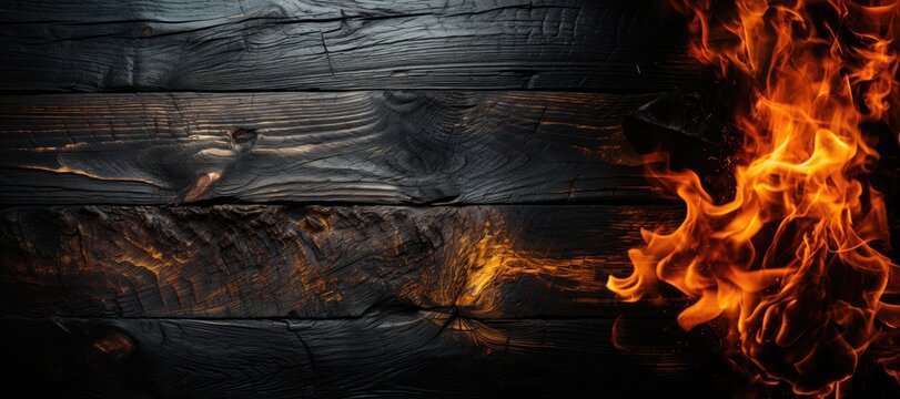 Smoking wood plank background with fire, banner