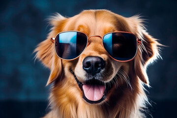 Smiling golden retriever dog wearing sunglasses. Advertising banner for a veterinary clinic, animal hotel. - obrazy, fototapety, plakaty