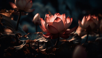 Tranquil scene of multi colored lotus water lily in formal garden generated by AI