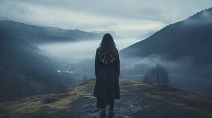 Gloomy young woman standing on the mountain illustrating feelings of depression, anxiety and mental health issue - obrazy, fototapety, plakaty