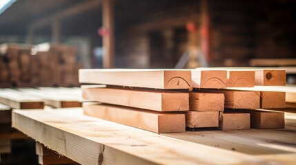 Boards of fresh wood lie in the production workshop.