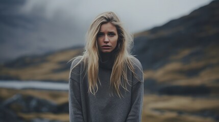 Gloomy young woman standing on the mountain illustrating feelings of depression, anxiety and mental health issue