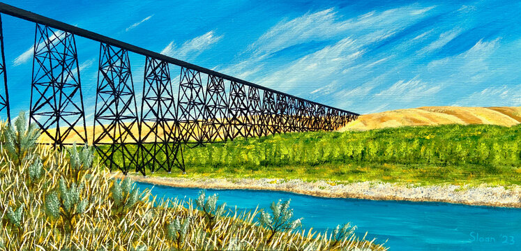 The High Level Bridge or Lethbridge Viaduct in Lethbridge, Alberta, Canada - Original Acrylic Painting