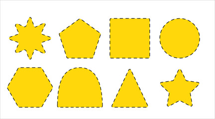 Cutting lines. Set of vector geometric objects. Yellow objects with black dashed outlines on white backdrop