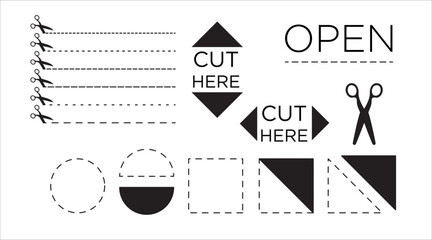 Set of cutting lines and geometric dashed objects with scissors. Vector design templates for paper cut, coupons, discount sections - obrazy, fototapety, plakaty