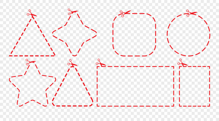 Vector cutting lines icon set. Geometric shapes. Red dashed outline objects with scissors on transparent background - obrazy, fototapety, plakaty