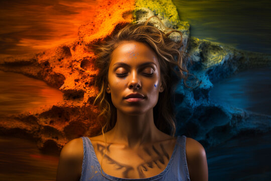 Portrait embodying the four elements, face divided into quadrants of earth, air, fire, water