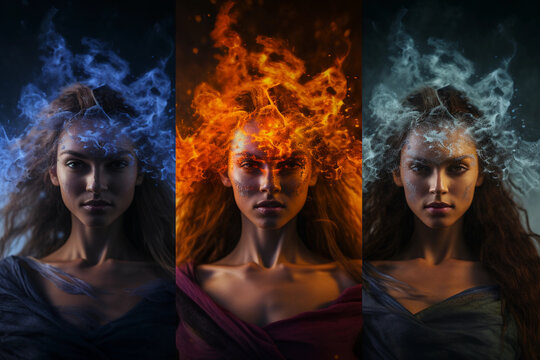 Portrait embodying the four elements, face divided into quadrants of earth, air, fire, water