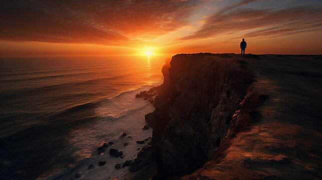 Solitary figure at the edge of a cliff, contemplative and overawed by the vast ocean, silhouette against the sunset