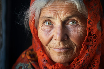 elderly woman, warm smile, sparkling eyes, stories in every wrinkle, traditional lace headscarf