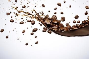 A splash of liquid and coffee beans flying in zero gravity.