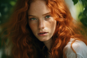 Fototapeta premium woman with green eyes, long curly red hair, freckles, natural daylight casting soft shadows,